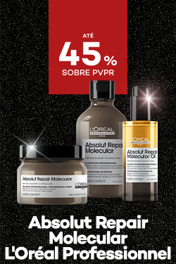 Gama Absolut Repair Molecular da marca Loreal Professionel com destaque promocional de até 45% sobre preço de Venda ao Público Recomendado